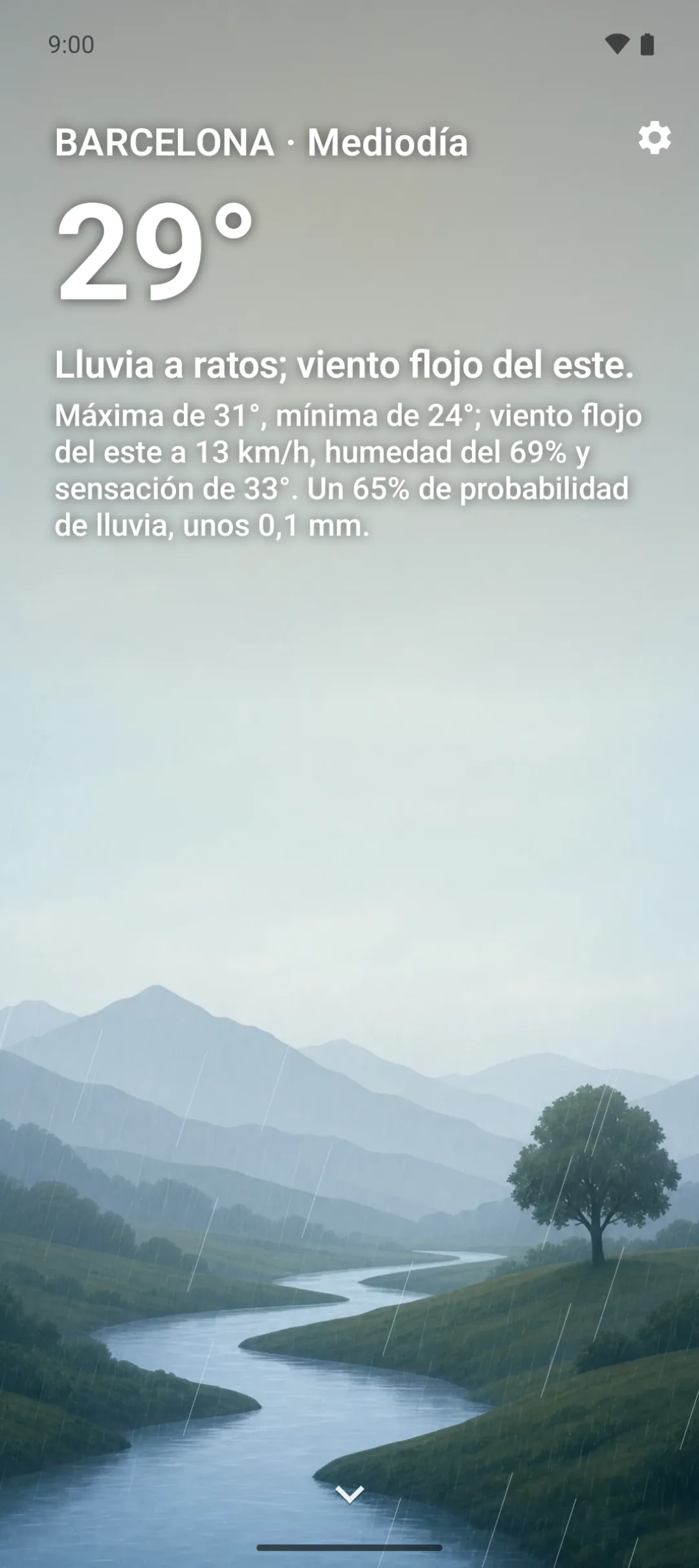 Aura on Android, the Hoy screen for Barcelona over a rainy living sky