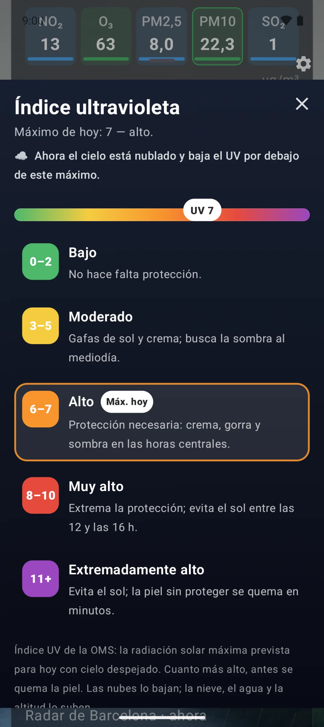 Aura on Android, the UV index scale detail
