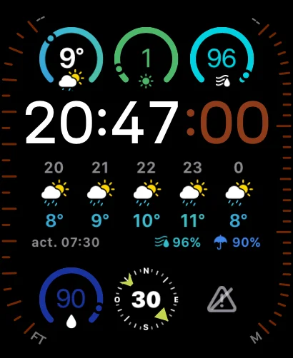 Watch face with Aura complications, cold and rainy