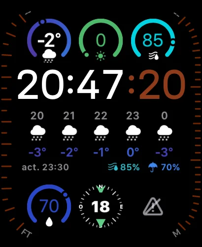 Watch face with Aura complications, snow at night