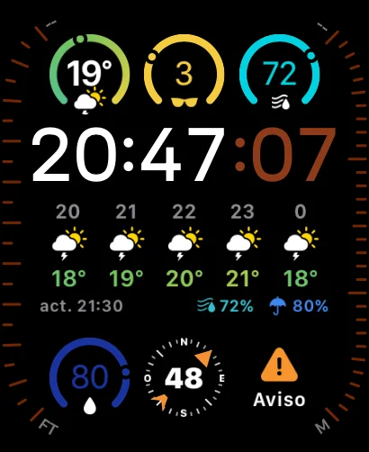 Watch face with Aura complications, storm and aviso