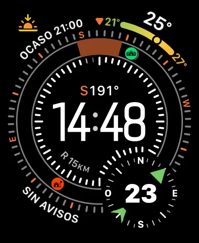 Explorer compass face with Aura complications, bearing, sunset, and warnings