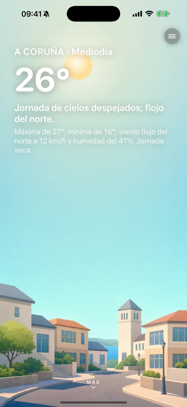 Aura's Hoy screen on iPhone: 26° in A Coruña at midday, with a natural-language Spanish summary over a clear sun-tracking sky.