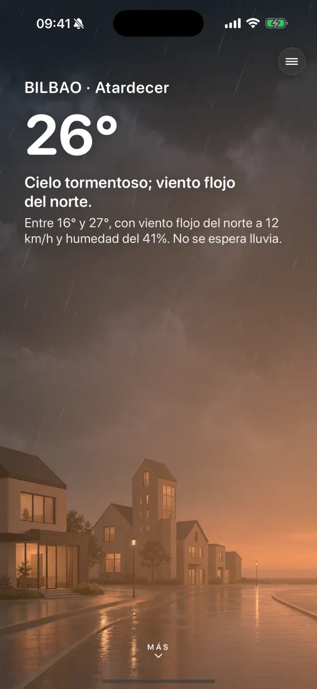 Aura's Hoy screen on iPhone during a storm: the sky darkens and the summary changes with the weather.