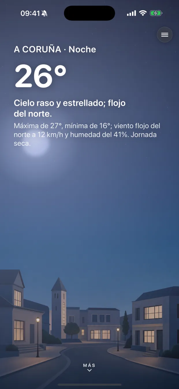 Aura's Hoy screen on iPhone at night: the sky turns dark and the sun disc becomes the moon.