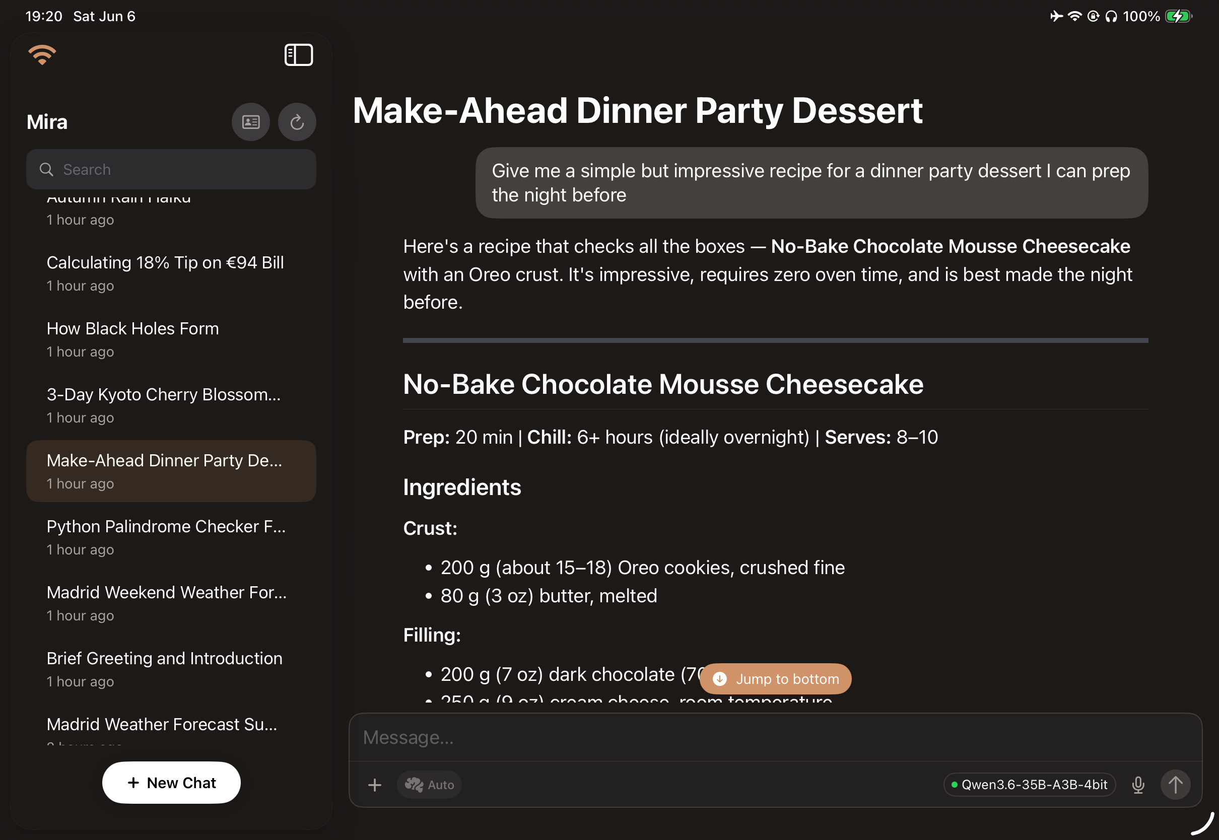 Mira on iPad — dinner recipe