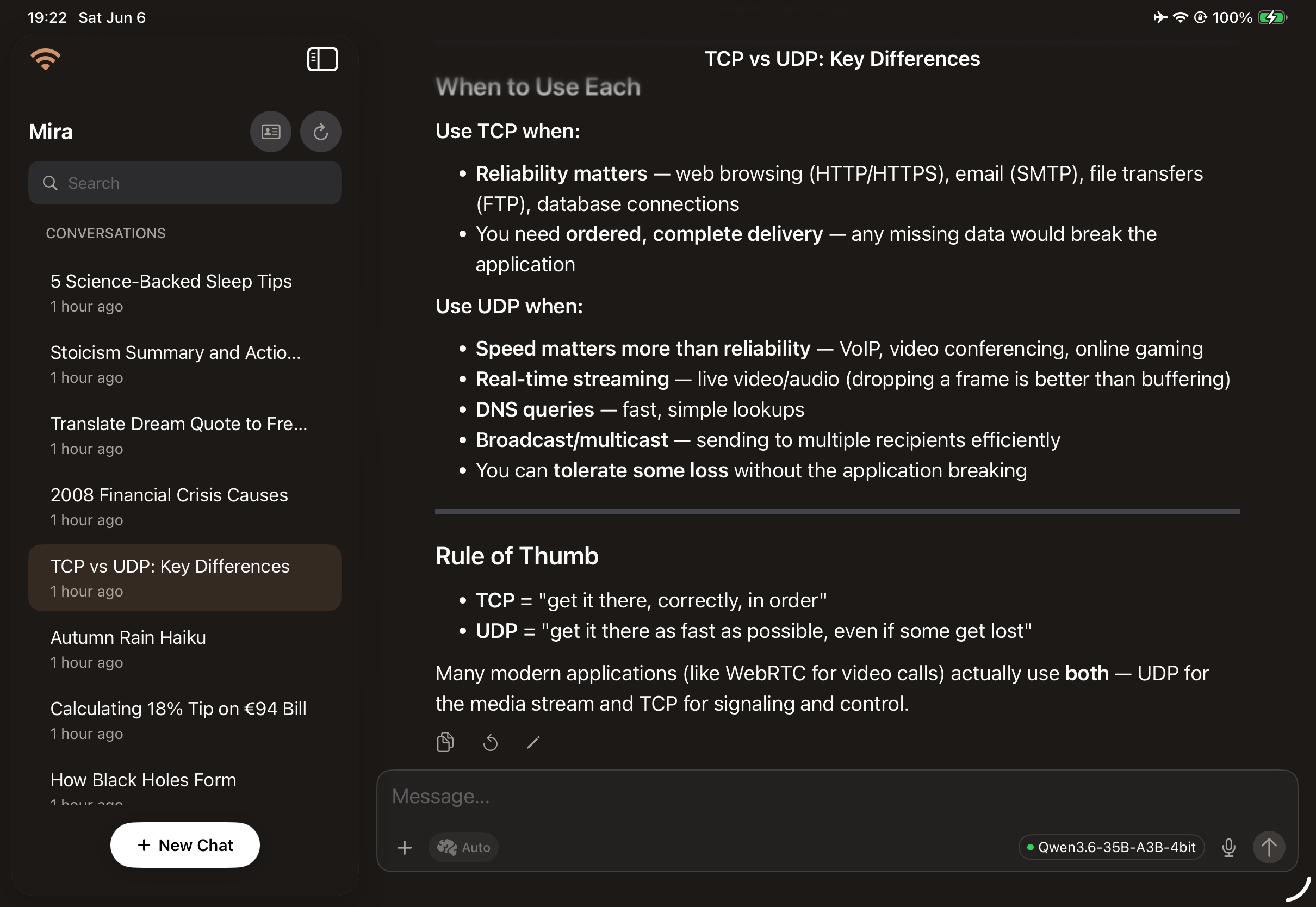 Mira on iPad — TCP vs UDP
