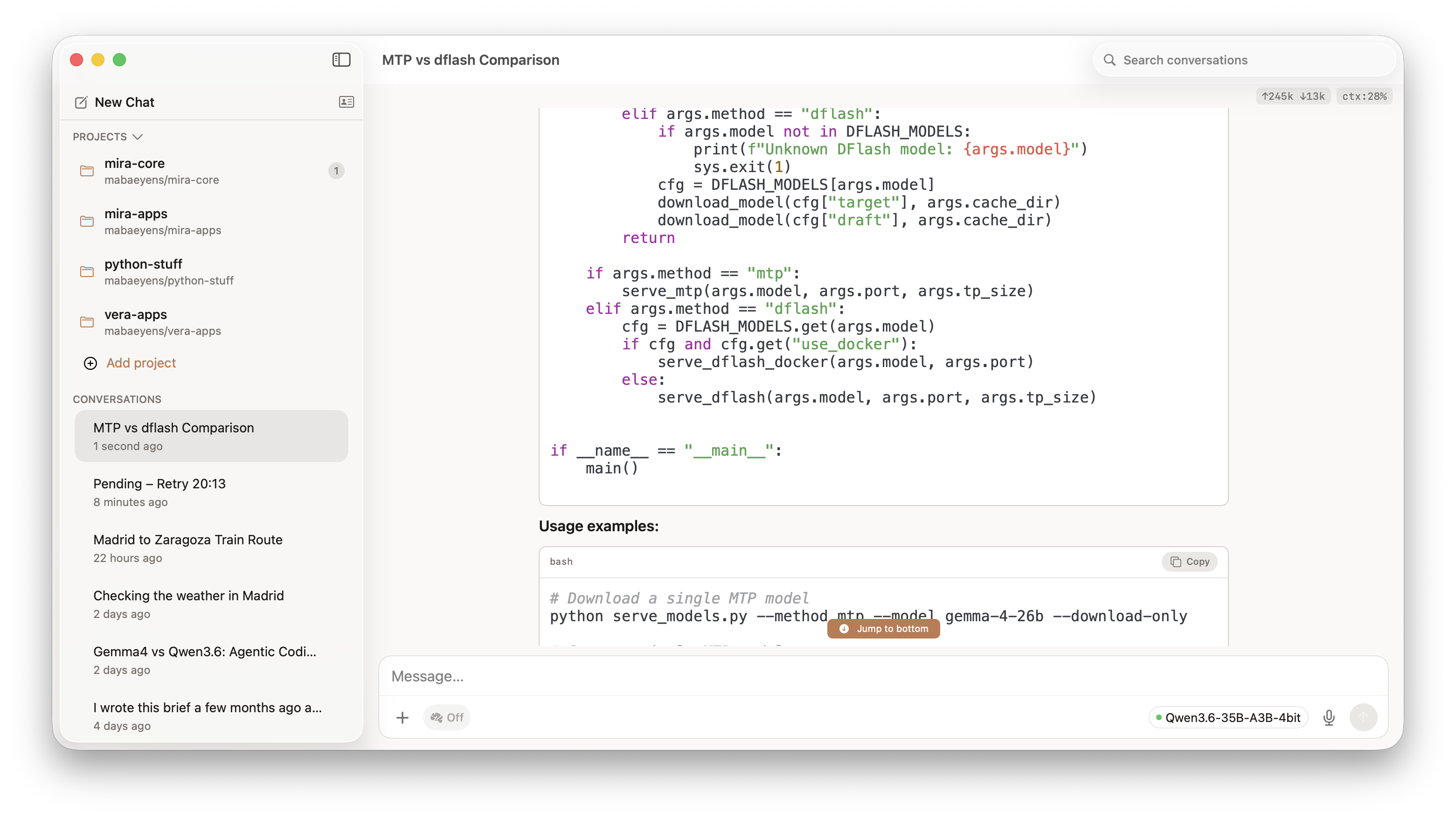 Mira on macOS — code analysis conversation
