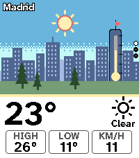 Aura Cityscape Weather on Pebble Time 2, a clear day over the town