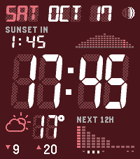 Aura LCD watchface on Pebble Time 2, Quiet layout in dark red