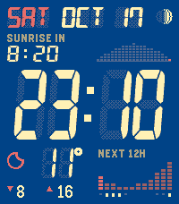 Aura LCD watchface on Pebble Time 2, Quiet layout in deep blue