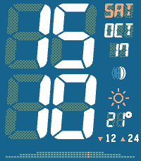 Aura LCD watchface on Pebble Time 2, Stack layout in sky blue, with the date and weather in a column beside the time