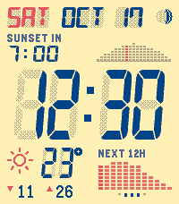 Aura LCD watchface on Pebble Time 2, Quiet layout in citrus colours
